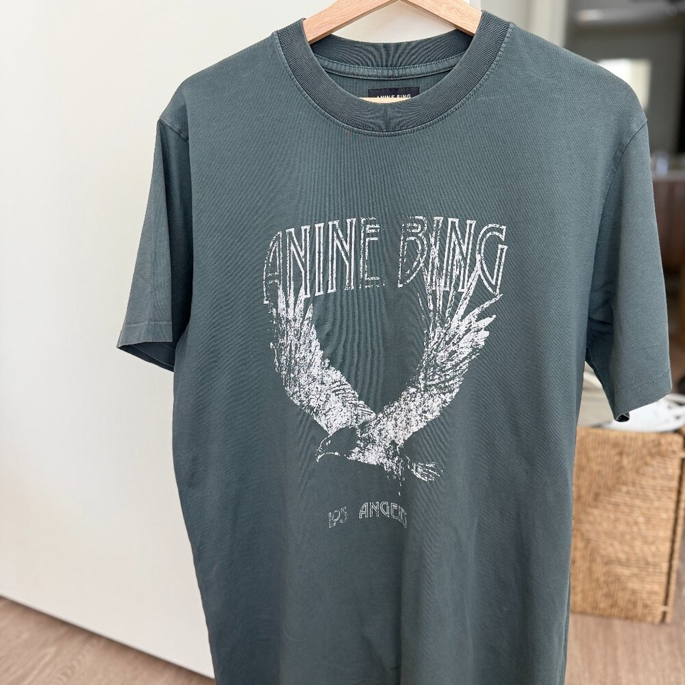 Anine Bing Slate Green Graphic Tee with White Eagle Print